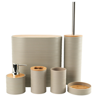 Accessoires de salle de bain de luxe personnalisés en bambou et plastique : Poubelle, Distributeur de savon, Porte-savon, Porte-brosse WC, Gobelet à brosse à dents, Cuisine