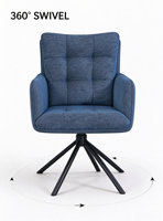 Fauteuil moderne à dossier haut en tissu bleu foncé avec pieds en métal noir robustes, base pivotante à 360 degrés, chaise de salle à manger