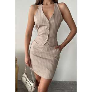 Conjunto de chaleco y falda beige a rayas para mujer con decoración de lazo, conjunto de traje de tela tejida - Product Image 2