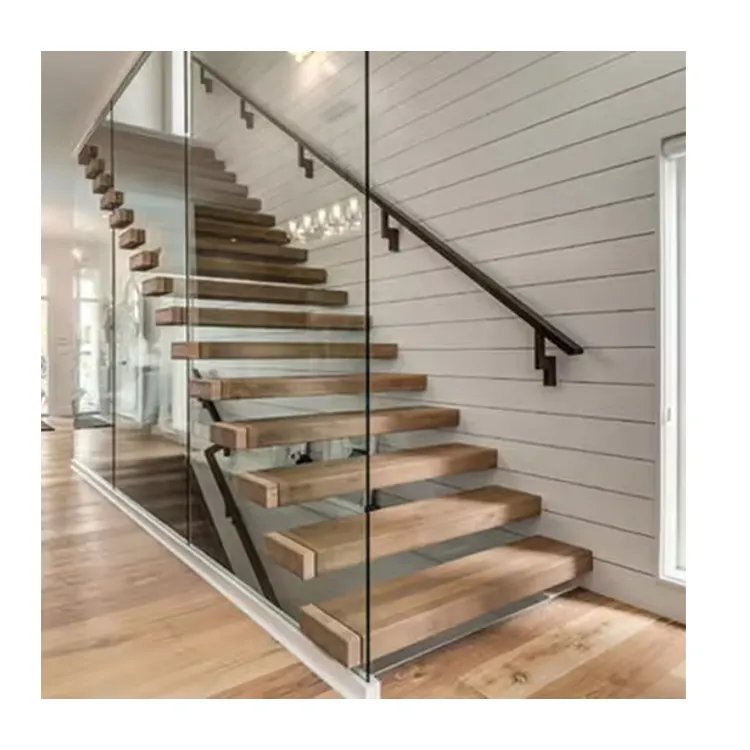 Fornecedor de escadas de madeira escadas interiores modernas com vigas embutidas com degraus de madeira escadas com luz LED para interior personalizadas