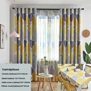 Cheap Curtain Suppliers Wholesale Modern 6 Pieces Printed Curtains Living Room Curtain Set with Pillow Cover Table Covers