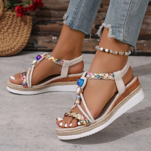 Sandali Donna Sportivi Estivi Bohemien <span class=keywords><strong>con</strong></span> <span class=keywords><strong>Zeppa</strong></span> Intrecciata e Perline, Tomaia in Tessuto, Suola in PU, Comodi e Morbidi, <span class=keywords><strong>con</strong></span> Punta Aperta, Stile Espadrillas e Plateau - Product Image 5