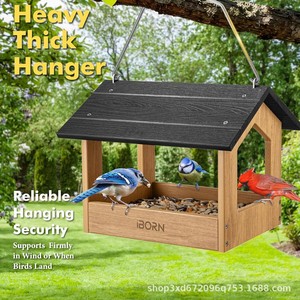 Mangeoire à oiseaux suspendue en bois massif pour extérieur, toutes saisons, résistante à la pluie, pour patio/balcon - Product Image 1