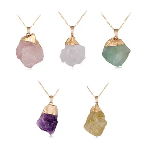 Crystal Pendant Necklace Plated Healing Irregular Handmade Jewelry Gold Raw Stone Natural for Women Trendy Rope Chain Quartz 34g