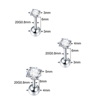 Bijou de piercing pour l'oreille en acier chirurgical 316L Or & Argent 20G, clou pour cartilage, tragus, hélix, avec zircon cubique serti à griffes