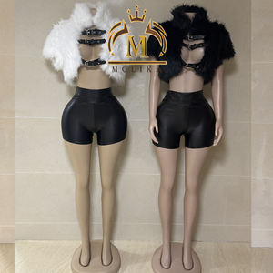 Sexy Damenkleidung Modisches Fell-Patchwork Crop Top + PU-Leder Shorts 2-teiliges Set Mädchen Sexy Club PU Zweiteiler Damen - Product Image 2