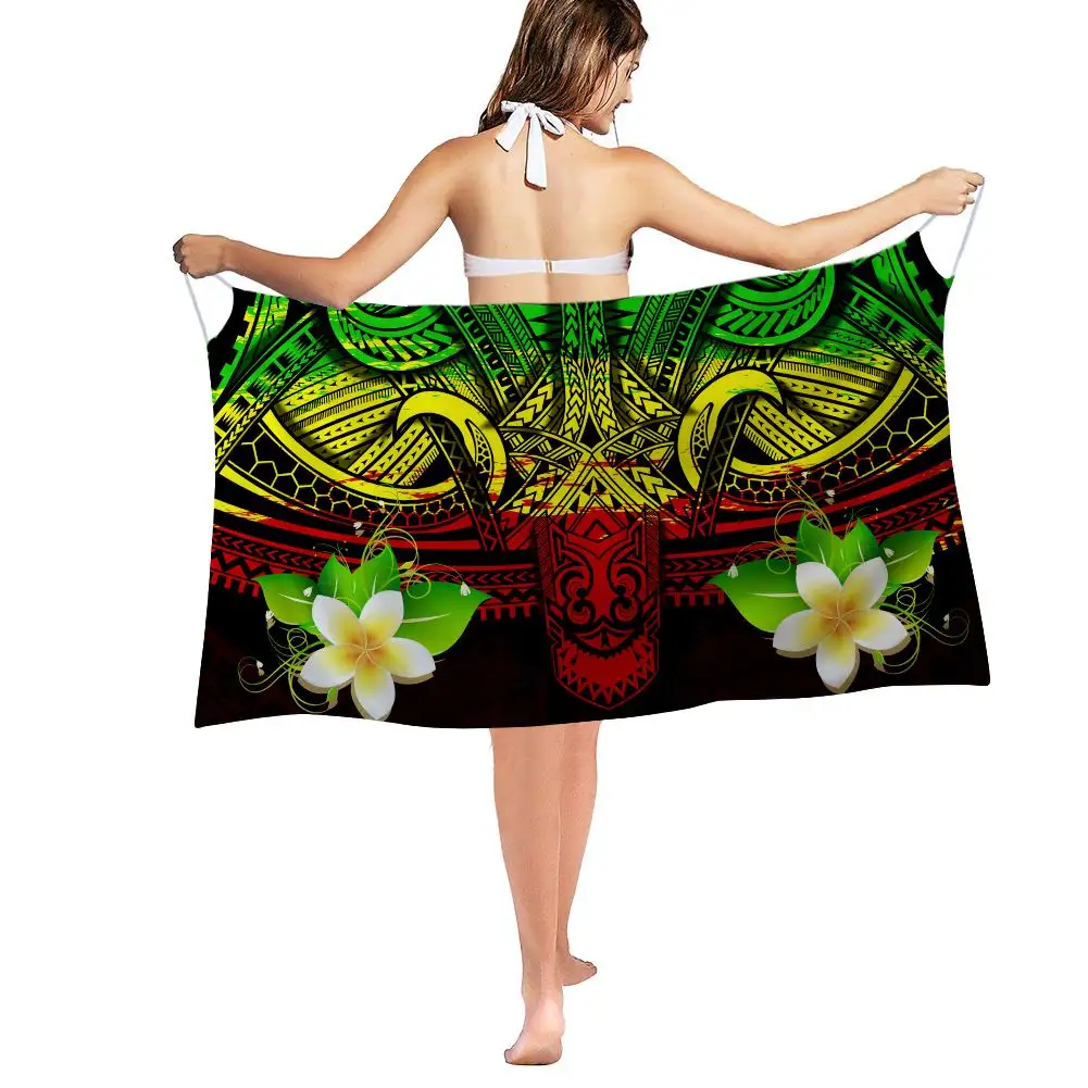 Hawaiian Lavalava Sarong Gradient Polynesian Plumeria Pattern Womens Sarong Beach Blouses Wrap Skirt Swimsuit Bikini Cover Up