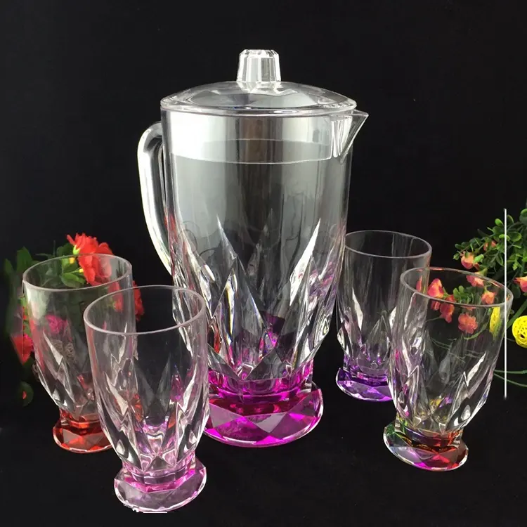 Color transparent Round shape plastic acrylic 1.4 L beverage water pitcher set with 4 cups and tray