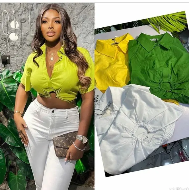 2022 Summer New Sexy Green Short Sleeve Turn-down Collar Crop Top Shirts For Women