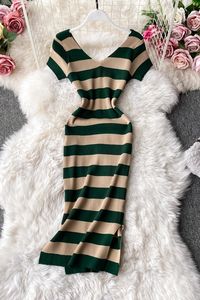 Vestido casual de punto a rayas con cuello en V y manga larga para mujer, vestido tubo midi de cintura alta, vestidos sexys para mujer, ropa al por mayor - Product Image 6