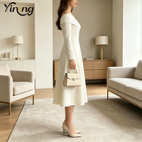 Robe de soirée décontractée mi-longue en satin de coton élégante pour femme, à épaules dénudées, col en V, manches longues, drapée et froncée, coupe trapèze, personnalisée par l'usine OEM