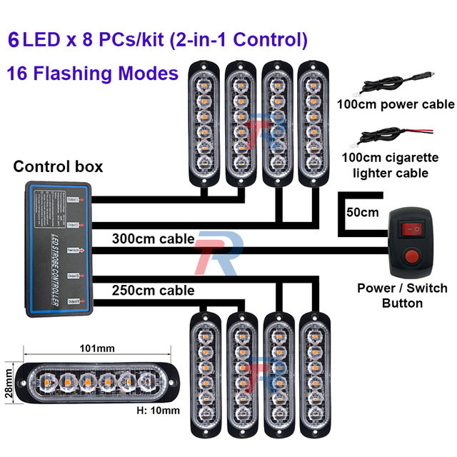 8 PCs X 6 LED Front Grille Daytime Running Light Retrofit Car 48 LED DRL Kit With Turn Signal, 16 Strobe Modes, Memory Function