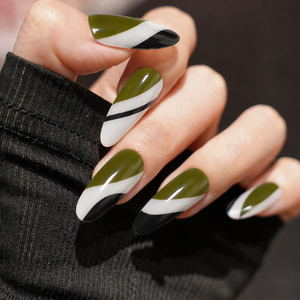 Faux ongles à presser tendance, longs, forme amande, color block, finition brillante, motif lignes <span class=keywords><strong>vert</strong></span> <span class=keywords><strong>olive</strong></span>, blanc et noir, pour usage quotidien et soirées - Product Image 1