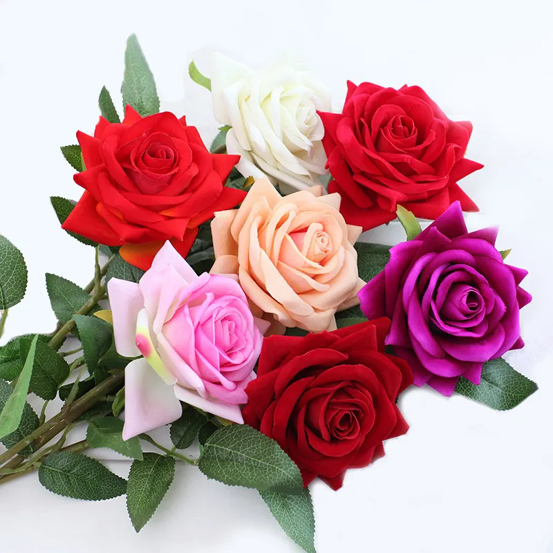H77 Amazon Hot Sale Single Velvet Artificial Flowers Bulk Wedding arrangement centerpiece Decorative Long Stem Red Roses