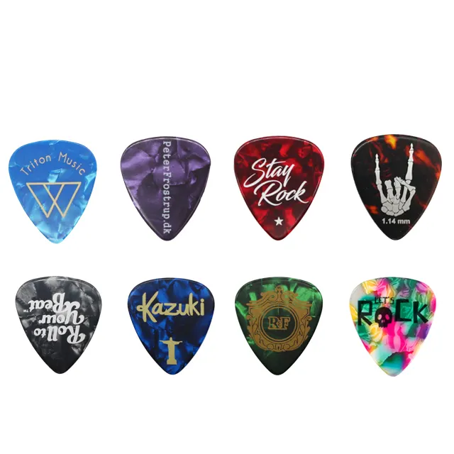 Suporte Design personalizado Imagem 0.46mm 0.71mm 0.88mm 0.96mm 1.2mm 1.5mm Celuloid Material OEM Guitar Pick E-commerce Fornecedor