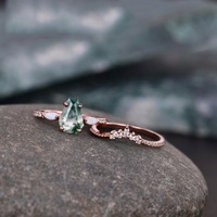 Conjunto de anillo de compromiso de ágata de musgo verde en forma de ataúd, conjunto de anillo nupcial de ágata de musgo de Plata de Ley 925, anillo de ágata de musgo y ópalo