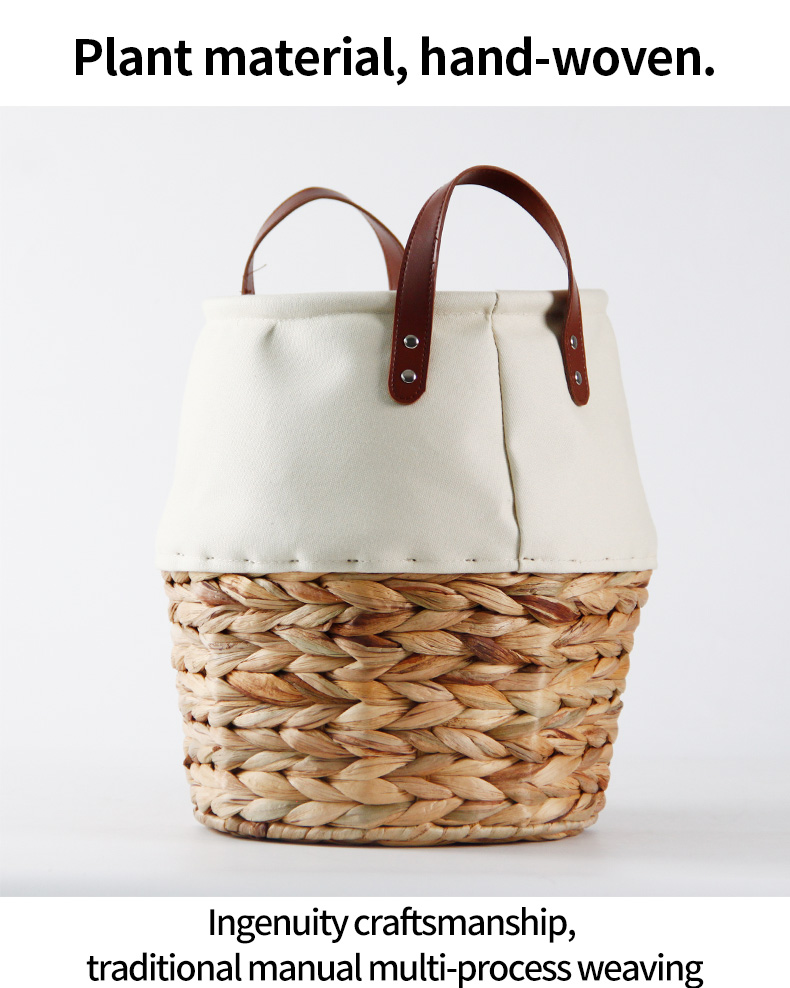 Handwoven Baskets With Leather Handles Water Hyacinth and Canvas Home Storage&Organization Storage Basket