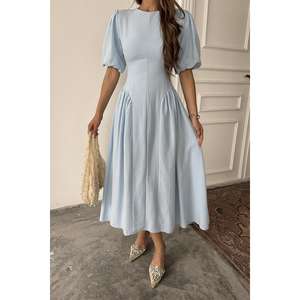 เดรสผ้าลินินสีน้ำเงินทรงเอ คอโอ ผูกหลัง เอวธรรมชาติ ใส่ได้ทุกวัน ระบายอากาศได้ดี ผ้าทอเนื้อนุ่ม สวมใส่สบาย - Product Image 2