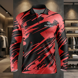 Polo à manches longues pour homme KhumBro, sublimé, imprimé géométrique rouge et noir, évacuation de l'humidité, coupe classique - Product Image 5