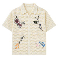Cardigan fin en tricot crocheté à manches courtes pour homme, broderie florale et oiseaux ajourée, col rabattu beige, décontracté, été, style resort, OEM ODM