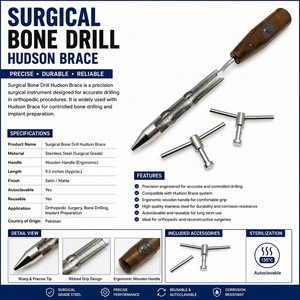 Taladro ortopédico médico Al Mida Healthcare de acero inoxidable con mandril ajustable y mango de madera, instrumento quirúrgico manual CE - Product Image 6