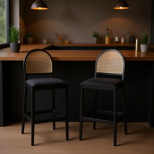 Ensemble de 2 tabourets de bar en rotin courbé Panama, structure en métal noir ébène, design moderne, mobilier de bar - Product Image 2