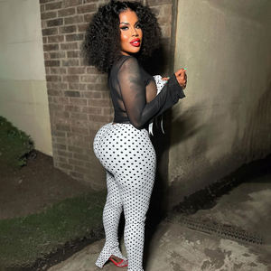 Sexy <strong>See</strong> <strong>Though</strong> Two Pieces Pants Set With Bow Long Sleeve Mesh Crop <strong>Top</strong> and Point Print Legging Pants - Product Image 3