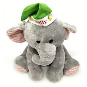 Éléphant en peluche personnalisé pour Noël, avec oreilles roses en velours côtelé, assis, gris, avec chapeau d'ananas festif - Product Image 5