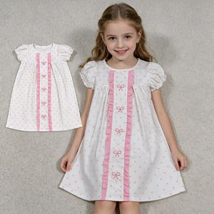 Vestido de Boutique RTS con Lazo, Bordado de Puntos, Corte en A, Volantes, Diseños Nuevos y Lindos, Venta al por Mayor, Vestido Informal para Niñas, Ropa de Hermanas - Product Image 3