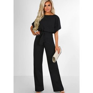 I-0792 Tuta Elegante da Donna con Lacci <span class=keywords><strong>in</strong></span> Vita, Tinta Unita, Gamba Dritta, Collo Rotondo e Maniche Corte - Product Image 2