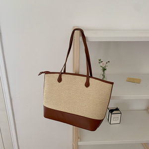 Woven Straw Tote <b>Bag</b> Large Capacity Brown Solid Color Zipper Closure Women's Summer Shoulder <b>Bag</b> - Product Image 5