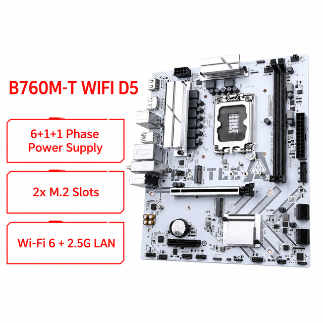 B760M-T WIFI D5 Motherboard LGA1700 DDR5 Support 14/13/12th Gen CPU 6+1+1 Phase Power WiFi 6 2.5G LAN Micro ATX PC