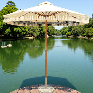 Sombrillas de Playa Personalizadas de Lujo, Portátiles, de <span class=keywords><strong>8</strong></span> Pies, Estilo Boho Vintage, con <span class=keywords><strong>Poste</strong></span> de <span class=keywords><strong>Madera</strong></span>, Lona Blanca con Flecos y Borlas - Product Image 2