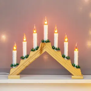 New Design High Quality Christmas Decoration Wooden Base Candlestick Led Candle Bridge Light With Flame Effect