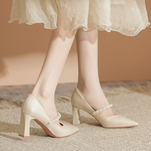 Escarpins Mary Jane à bout pointu, talon carré, en satin avec bride perlée, chaussures de mariage, talon haut 5cm 8cm, couleur unie, tendance mode - Product Image 3