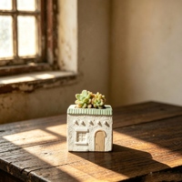 Pot à succulentes en céramique en forme de maison mignonne avec toit bleu et détails de fenêtre et de porte pour la présentation de plantes d'intérieur, décoration de la maison, article cadeau