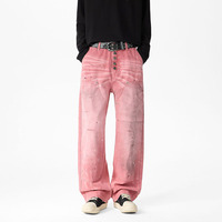 Pantalon long décontracté rose délavé à l'encre, coupe droite ample, style streetwear américain de haute qualité
