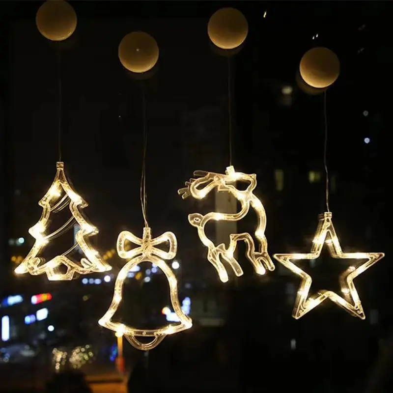 Lampu LED jendela peri cahaya pohon Natal rusa kutub Santa Claus lampu dioperasikan baterai dengan pengisap kait dekorasi pesta