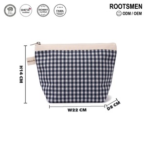 Bolsa de Maquillaje Trapezoidal Azul Marino y Blanca con Diseño a Cuadros, Bolsa de Cosméticos con Ribete de Lona, Cierre Superior, Poliéster a Cuadros, Logotipo Personalizado OEM, Portátil - Product Image 5