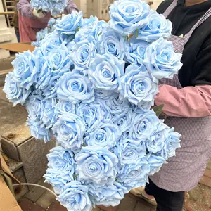 ดอกกุหลาบประดิษฐ์สีฟ้า9หัวทำจากผ้าไหมดอกไม้สำหรับงานแต่งงาน