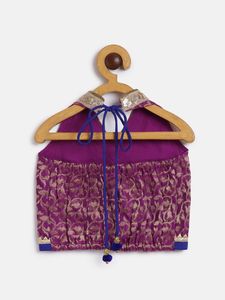 Top con cuello halter de brocado para niñas Twisha y pantalón palazzo de diseño propio en magenta y azul para niños (6 meses a 14 años) - Product Image 3