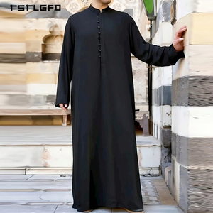 <b>Men</b> Black <b>Thobe</b> Stand Collar Button Placket Long Sleeve Full-Length Minimalist Islamic Jubba Saudi Modest Formal Daily Robe - Product Image 1