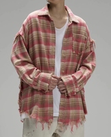 Chemise à carreaux vintage en détresse pour lavage et teinture industriels lourds avec style ample et décontracté-Ins à la mode