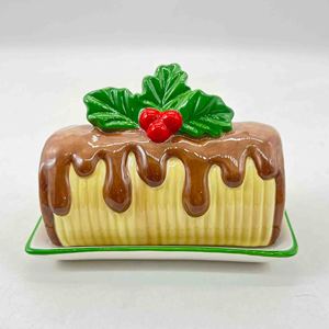 Plat <span class=keywords><strong>à</strong></span> beurre en céramique de Noël en forme de <span class=keywords><strong>bûche</strong></span> de Noël avec décor de baies de houx pour la décoration de table de fêtes, cadeau - Product Image 1