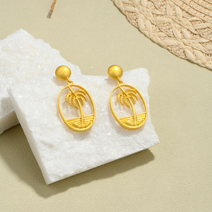 Pendientes Geométricos de Árbol de Coco, Aleación de Zinc, Color Dorado, Pendientes Colgantes de Moda - Product Image 1