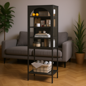 Mobiletto a 5 Ripiani in Metallo con Porte in Vetro Nero Moderno per Soggiorno Cucina Espositore per Arredamento Casa - Product Image 2