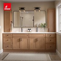 Set Kabinet Vanity Kamar Mandi Gaya Shaker Modern Mewah dari Kayu Oak Solid dengan Wastafel Ganda, Kabinet Vanity Kamar Mandi dari MDF dengan Motif Kayu