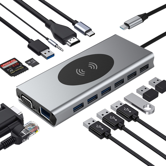 New Arrival TYPE C to USB3.0*3+USB2.0*4+VGA+RJ45+SD+TF+Audio+HDMI+USB-C PD+ Wireless Charger 15-in-1 USB C Hub Docking Station
