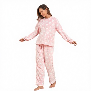 Conjunto de Pijama para Mujer, Manga Larga, Cuello Redondo, Estampado de Estrellas, Felpa, Casual, Elegante y Transpirable para Invierno - Product Image 3