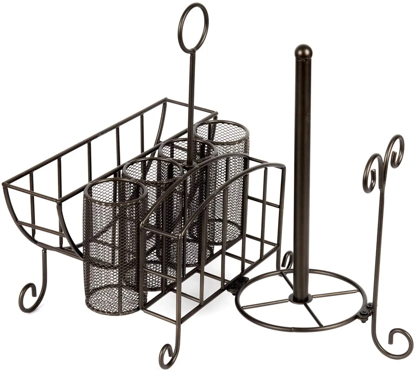 Heavy Duty Black Metal Cutlery Storage Rack Utensil Drainer with a Roll Paper Holder and a Handle Ring for Elegant Kitchen